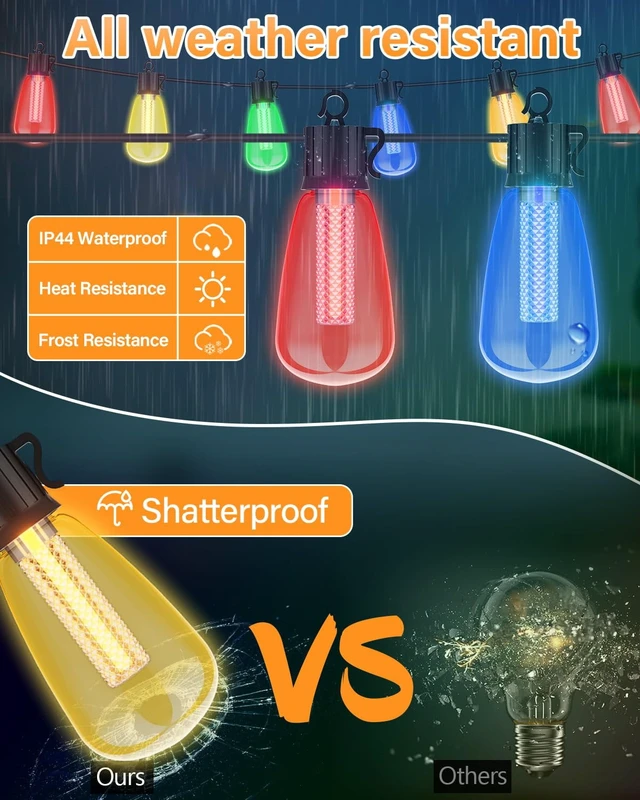 Alt view image 4 of 5 - 98FT Outdoor String Lights with Remote - Multicolor & Warm White, 8 Light Modes Timer Waterproof Patio Lights Plug In Dimmable String Lights Shatterproof for Outside Porch Backyard Party