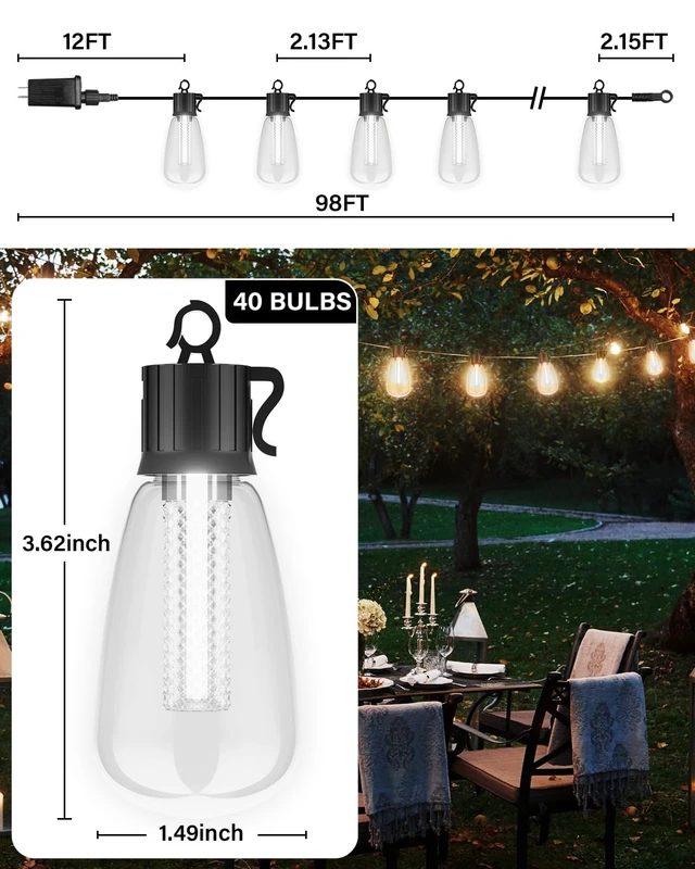 Alt view image 5 of 5 - 98FT Outdoor String Lights with Remote - Multicolor & Warm White, 8 Light Modes Timer Waterproof Patio Lights Plug In Dimmable String Lights Shatterproof for Outside Porch Backyard Party
