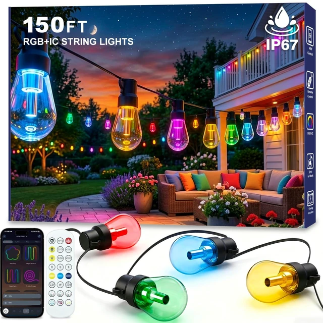 Main image of Beizelte Outdoor String Lights, 150FT RGB+IC Outside Light Dimmable Shatterproof LED Bulbs, IP67 Waterproof Chasing Effect Lighting DreamColor Patio Strip Lights for Backyard, Balcony, Outdoor Living