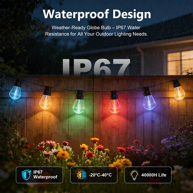 Alt view image 2 of 7 - Beizelte Outdoor String Lights, 150FT RGB+IC Outside Light Dimmable Shatterproof LED Bulbs, IP67 Waterproof Chasing Effect Lighting DreamColor Patio Strip Lights for Backyard, Balcony, Outdoor Living