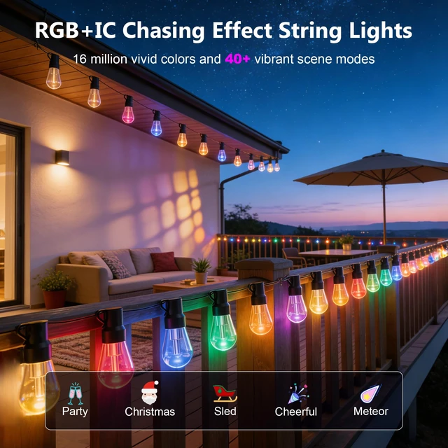 Alt view image 3 of 7 - Beizelte Outdoor String Lights, 150FT RGB+IC Outside Light Dimmable Shatterproof LED Bulbs, IP67 Waterproof Chasing Effect Lighting DreamColor Patio Strip Lights for Backyard, Balcony, Outdoor Living