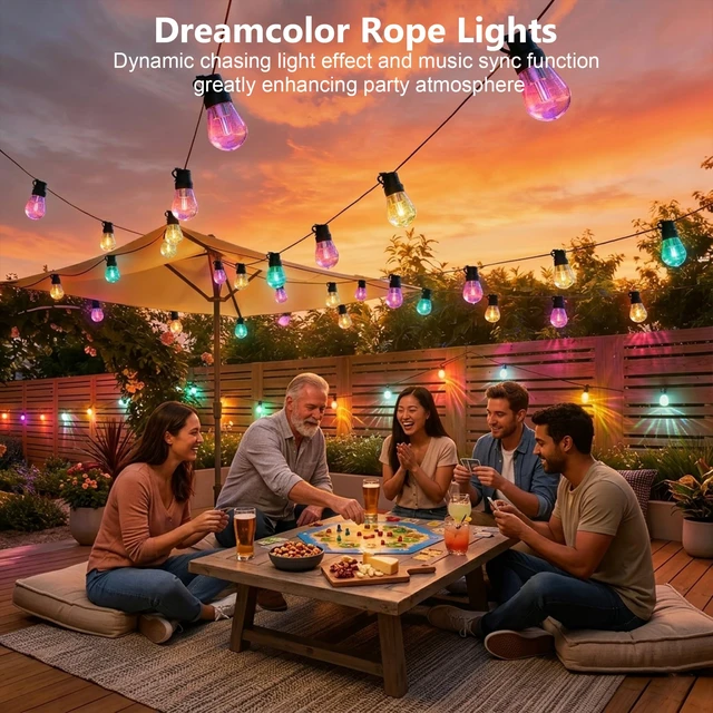 Alt view image 5 of 7 - Beizelte Outdoor String Lights, 150FT RGB+IC Outside Light Dimmable Shatterproof LED Bulbs, IP67 Waterproof Chasing Effect Lighting DreamColor Patio Strip Lights for Backyard, Balcony, Outdoor Living