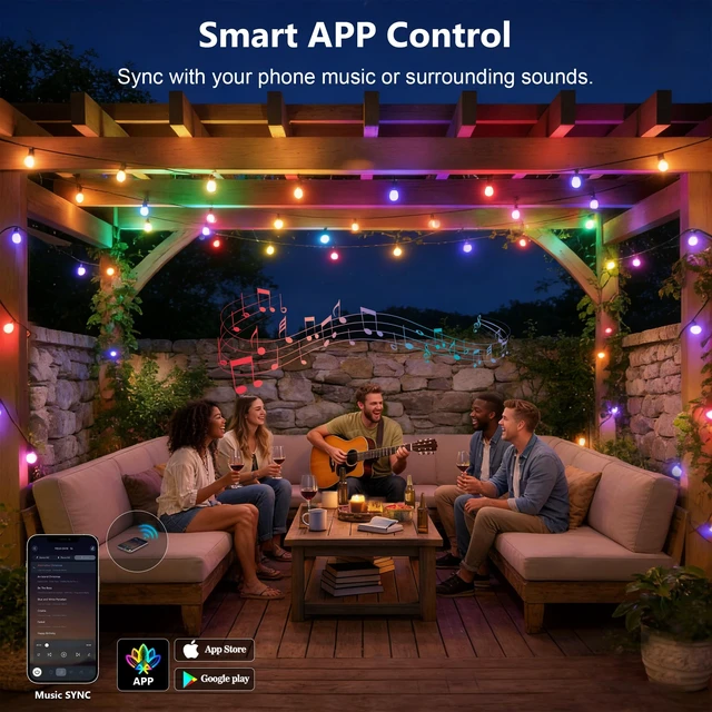 Alt view image 6 of 7 - Beizelte Outdoor String Lights, 150FT RGB+IC Outside Light Dimmable Shatterproof LED Bulbs, IP67 Waterproof Chasing Effect Lighting DreamColor Patio Strip Lights for Backyard, Balcony, Outdoor Living