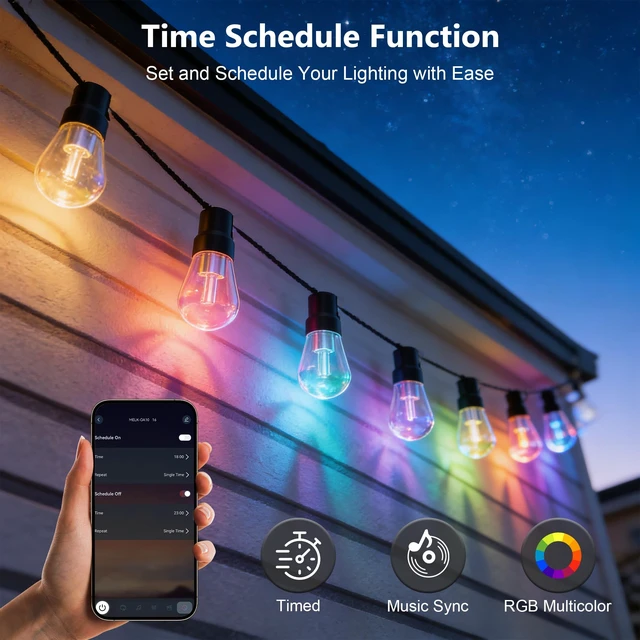 Alt view image 7 of 7 - Beizelte Outdoor String Lights, 150FT RGB+IC Outside Light Dimmable Shatterproof LED Bulbs, IP67 Waterproof Chasing Effect Lighting DreamColor Patio Strip Lights for Backyard, Balcony, Outdoor Living