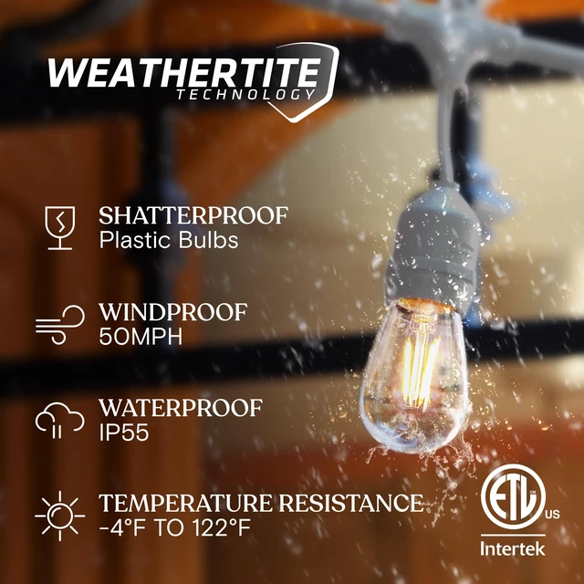 Alt view image 2 of 7 - Brightech Ambience Pro Waterproof LED Outdoor String Lights, 48 Ft, Hanging, Dimmable Vintage Edison Bulbs, 15 Bulbs, 2W