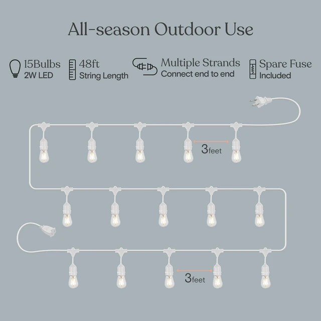 Alt view image 3 of 7 - Brightech Ambience Pro Waterproof LED Outdoor String Lights, 48 Ft, Hanging, Dimmable Vintage Edison Bulbs, 15 Bulbs, 2W