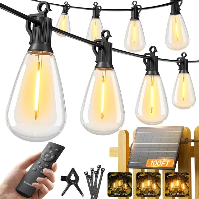 Main image of Minetom 100FT Solar String Lights Outdoor Waterproof, S14 Patio Lights | 31+2LED Shatterproof Bulb, Remote Type-C Port Timable, 3 Light Modes Dimmable Solar String Lights for Outside, Yard, Camping