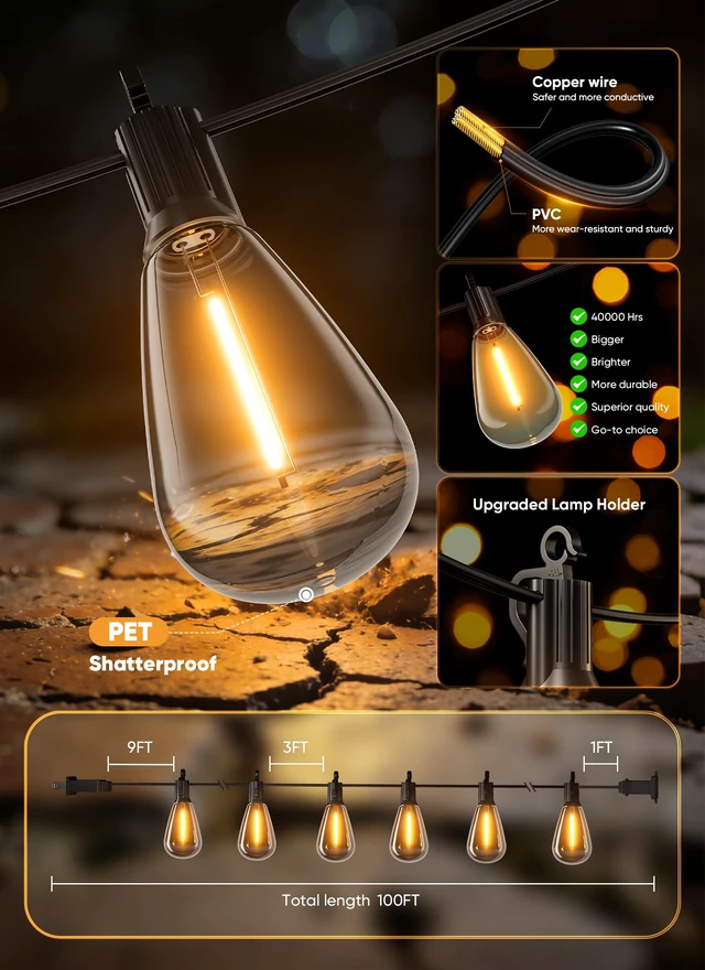 Alt view image 5 of 7 - Minetom 100FT Solar String Lights Outdoor Waterproof, S14 Patio Lights | 31+2LED Shatterproof Bulb, Remote Type-C Port Timable, 3 Light Modes Dimmable Solar String Lights for Outside, Yard, Camping