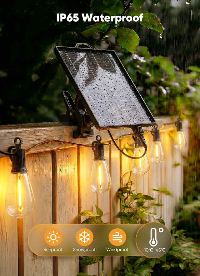 Alt view image 6 of 7 - Minetom 100FT Solar String Lights Outdoor Waterproof, S14 Patio Lights | 31+2LED Shatterproof Bulb, Remote Type-C Port Timable, 3 Light Modes Dimmable Solar String Lights for Outside, Yard, Camping