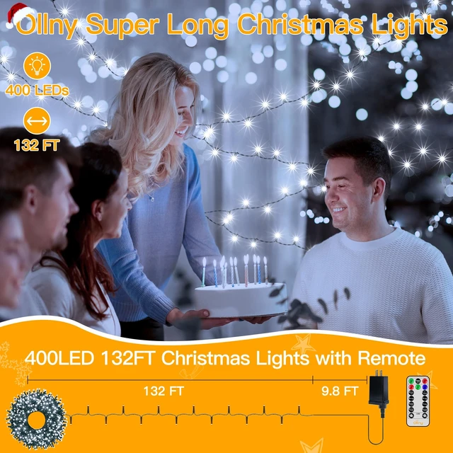 Alt view image 2 of 7 - Ollny Christmas Tree Lights 400LED 132FT, Remote Plug-in Christmas Lights with Timer and 8 Modes Waterproof Outdoor String Lights for Thanksgiving Xmas House Indoor Outside Decorations (Cool White)