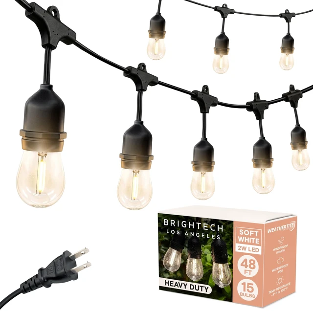 Main image of Brightech Ambience Pro LED Outdoor String Lights - Commercial Grade Waterproof Patio Lights with 48 Ft Dimmable Edison Bulbs, Porch String Lights for Patio, Backyard - 15 Bulbs 2W Soft White