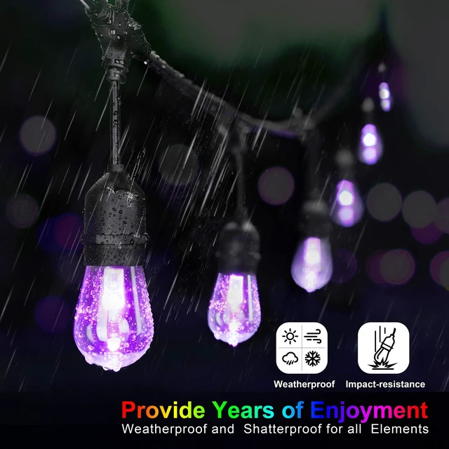 Alt view image 3 of 7 - Mlambert 48FT Outdoor Patio RGB Cafe String Lights with Remote, Black | Plug in, 8 Lighting Modes, 15+2 S14 LED Edison Bulbs, Dimmable, Shatterproof, Waterproof, Linkable, for Christmas Party Yard