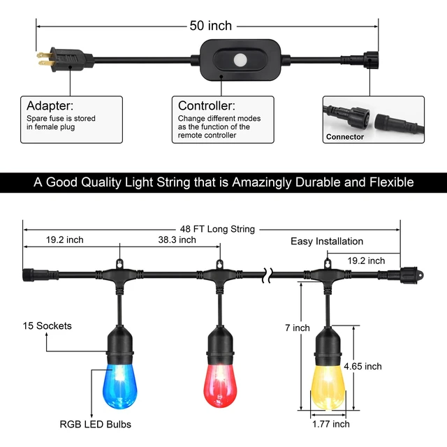 Alt view image 6 of 7 - Mlambert 48FT Outdoor Patio RGB Cafe String Lights with Remote, Black | Plug in, 8 Lighting Modes, 15+2 S14 LED Edison Bulbs, Dimmable, Shatterproof, Waterproof, Linkable, for Christmas Party Yard