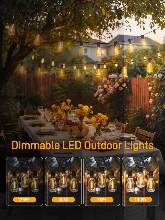 Alt view image 3 of 7 - Guhope Outdoor String Lights Dimmable with Remote, 100 FT Outdoor Lights with 2 Timer and 3 Mode, Waterproof & Shatterproof Patio Lights, 2200K Energy Saving String Lights 3 Spare Bulbs for Patio Yard