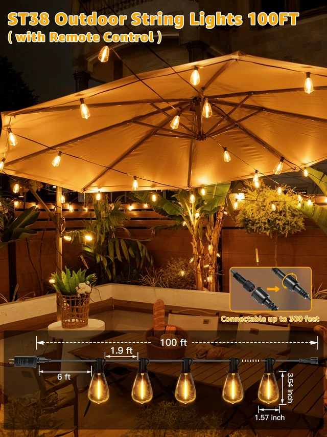 Alt view image 7 of 7 - Guhope Outdoor String Lights Dimmable with Remote, 100 FT Outdoor Lights with 2 Timer and 3 Mode, Waterproof & Shatterproof Patio Lights, 2200K Energy Saving String Lights 3 Spare Bulbs for Patio Yard
