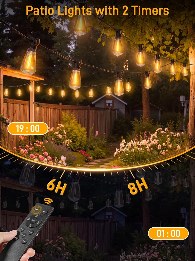 Alt view image 2 of 7 - Guhope Outdoor String Lights Dimmable with Remote, 100 FT Outdoor Lights with 2 Timer and 3 Mode, Waterproof & Shatterproof Patio Lights, 2200K Energy Saving String Lights 3 Spare Bulbs for Patio Yard