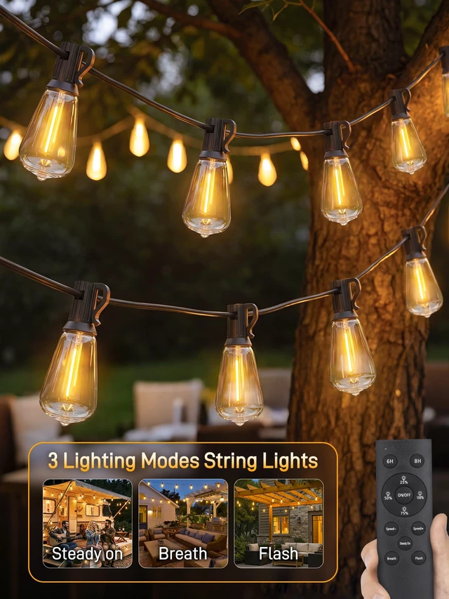 Alt view image 6 of 7 - Guhope Outdoor String Lights Dimmable with Remote, 100 FT Outdoor Lights with 2 Timer and 3 Mode, Waterproof & Shatterproof Patio Lights, 2200K Energy Saving String Lights 3 Spare Bulbs for Patio Yard