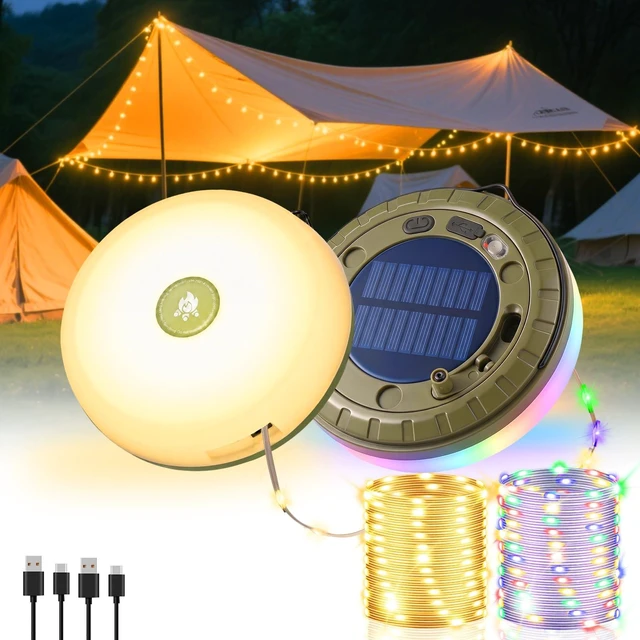 Main image of 2Pack Solar Camping String Lights, 32.8FT Warm/RGB Rechargeable Tent Lights | 30s Roll Up, 5 Lighting Modes, Waterproof LED Fairy Lights, Portable Hanging Lamp