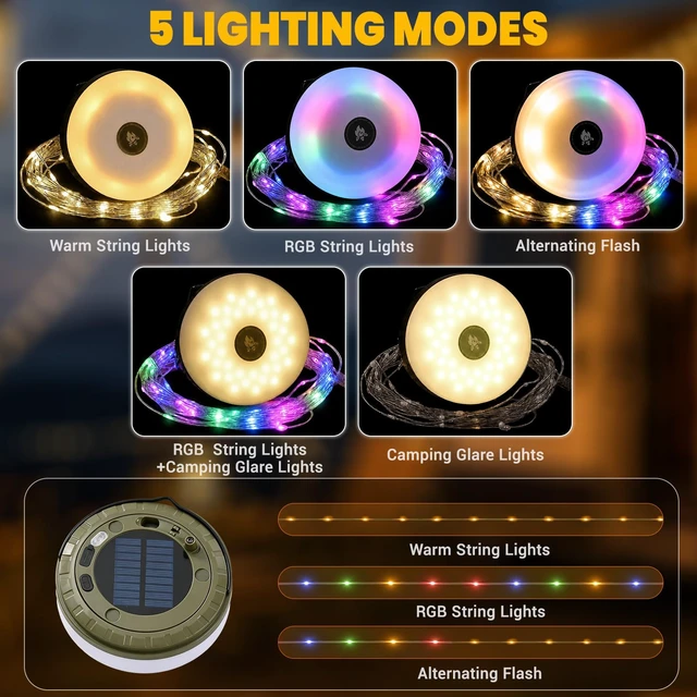 Alt view image 2 of 7 - 2Pack Solar Camping String Lights, 32.8FT Warm/RGB Rechargeable Tent Lights | 30s Roll Up, 5 Lighting Modes, Waterproof LED Fairy Lights, Portable Hanging Lamp
