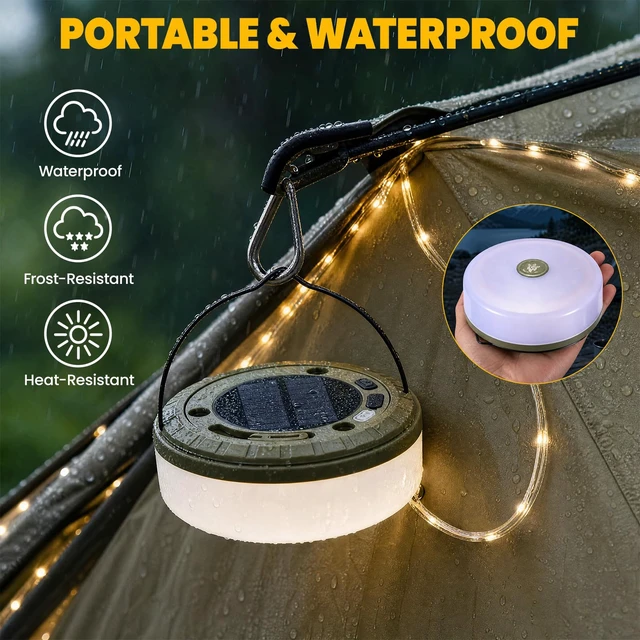 Alt view image 5 of 7 - 2Pack Solar Camping String Lights, 32.8FT Warm/RGB Rechargeable Tent Lights | 30s Roll Up, 5 Lighting Modes, Waterproof LED Fairy Lights, Portable Hanging Lamp