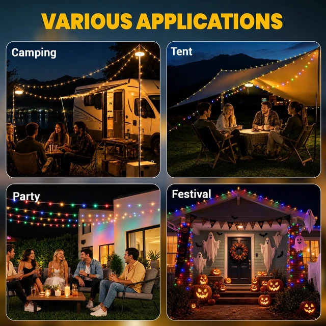 Alt view image 6 of 7 - 2Pack Solar Camping String Lights, 32.8FT Warm/RGB Rechargeable Tent Lights | 30s Roll Up, 5 Lighting Modes, Waterproof LED Fairy Lights, Portable Hanging Lamp