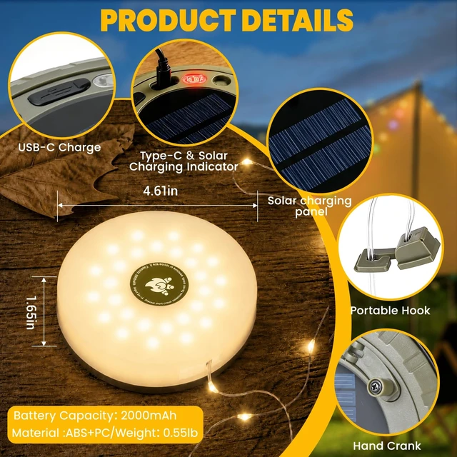 Alt view image 7 of 7 - 2Pack Solar Camping String Lights, 32.8FT Warm/RGB Rechargeable Tent Lights | 30s Roll Up, 5 Lighting Modes, Waterproof LED Fairy Lights, Portable Hanging Lamp