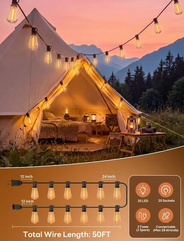 Alt view image 4 of 7 - Doratale LED Outdoor String Lights 50FT Edison Lights with 27 ST38 Shatterproof Bulbs, Outside Hanging Lights Waterproof for Patio, Porch, Deck, Garden, Balcony, 2700K Warm White, Dimmable
