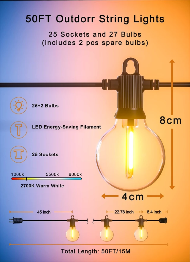 Alt view image 5 of 7 - Zuske Outdoor String Lights, 50FT G40 LED IP65 Waterproof Patio Lights | 27 Shatterproof Globe Bulbs, Connectable Dimmable Hanging Lights for Outside Backyard Garden Bistro Cafe Porch Deck, 2700K