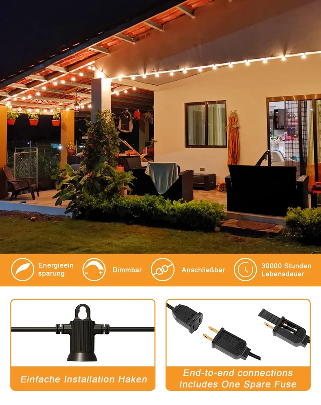 Alt view image 4 of 7 - Zuske Outdoor String Lights, 50FT G40 LED IP65 Waterproof Patio Lights | 27 Shatterproof Globe Bulbs, Connectable Dimmable Hanging Lights for Outside Backyard Garden Bistro Cafe Porch Deck, 2700K