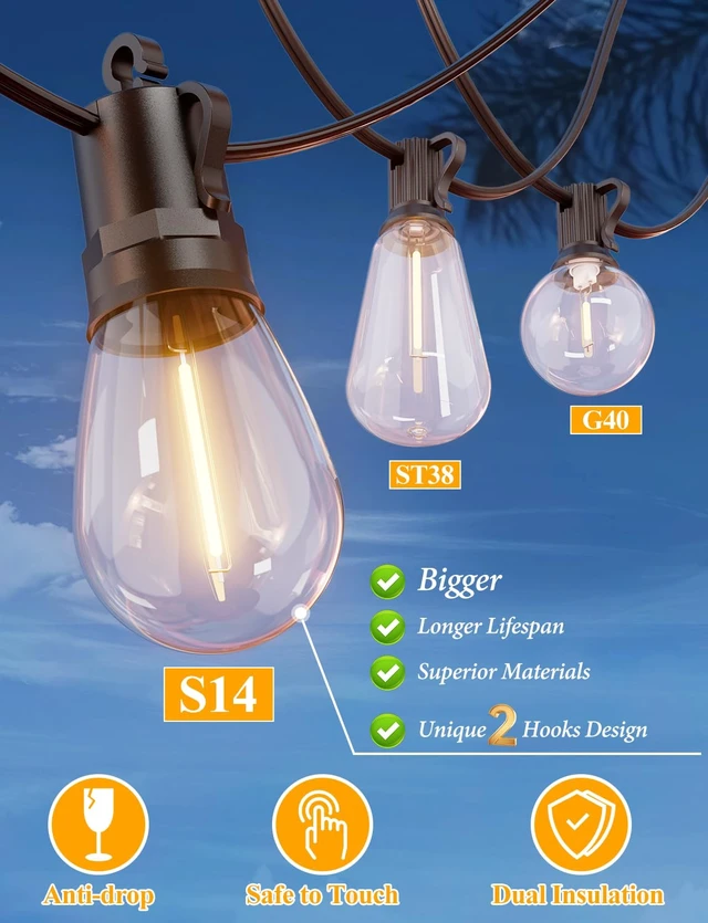 Alt view image 2 of 7 - Brightever 120FT LED Outdoor String Lights for Patio Decor | Outside Hanging Lights with 34 Shatterproof S14 Vintage Edison Bulbs(2 Spare), Waterproof 2700K Dimmable
