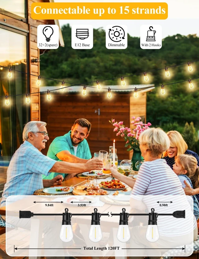 Alt view image 3 of 7 - Brightever 120FT LED Outdoor String Lights for Patio Decor | Outside Hanging Lights with 34 Shatterproof S14 Vintage Edison Bulbs(2 Spare), Waterproof 2700K Dimmable