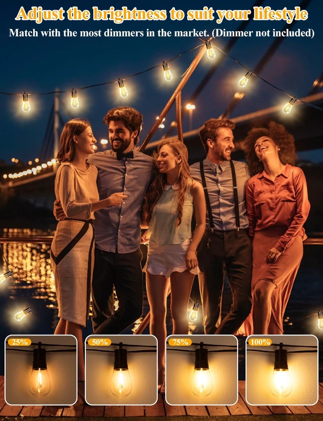 Alt view image 6 of 7 - Brightever 120FT LED Outdoor String Lights for Patio Decor | Outside Hanging Lights with 34 Shatterproof S14 Vintage Edison Bulbs(2 Spare), Waterproof 2700K Dimmable