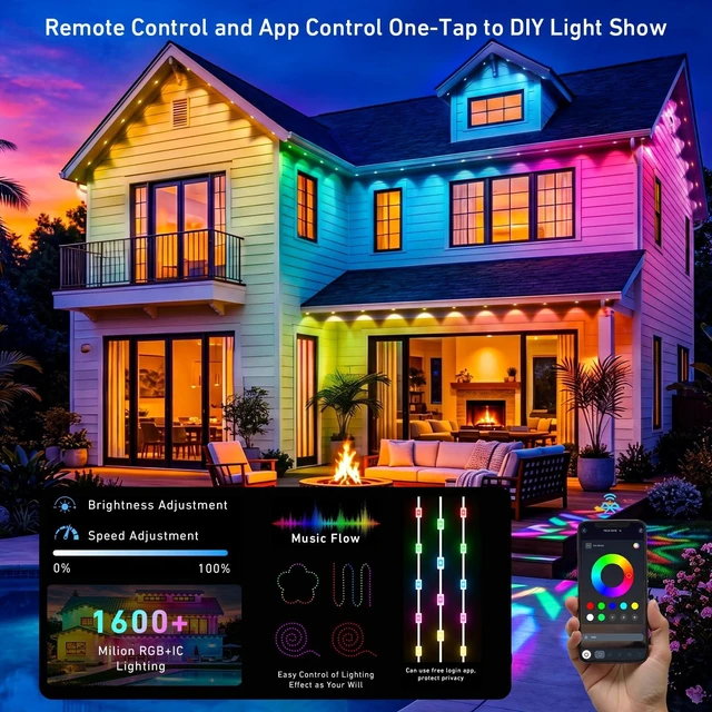 Alt view image 3 of 7 - LITSOUL 150FT Permanent Outdoor Lights, IP67 Waterproof Smart RGB+IC Wall-Washing Eaves Lights with App & Voice Control, Millions of Colors, Customizable DIY Scenes for House, Holiday, Patio