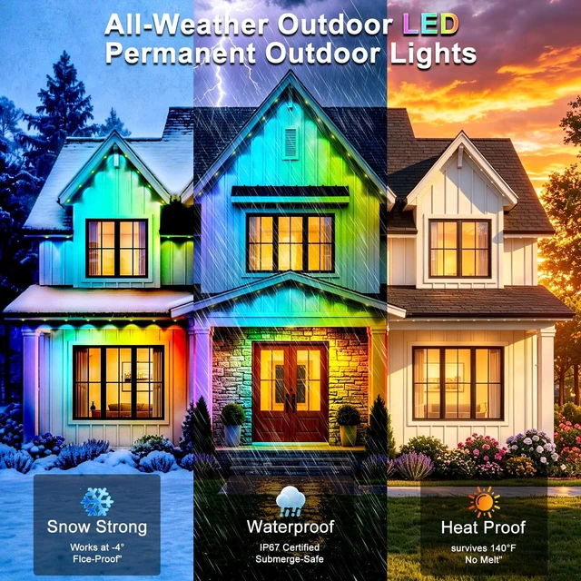 Alt view image 6 of 7 - LITSOUL 150FT Permanent Outdoor Lights, IP67 Waterproof Smart RGB+IC Wall-Washing Eaves Lights with App & Voice Control, Millions of Colors, Customizable DIY Scenes for House, Holiday, Patio