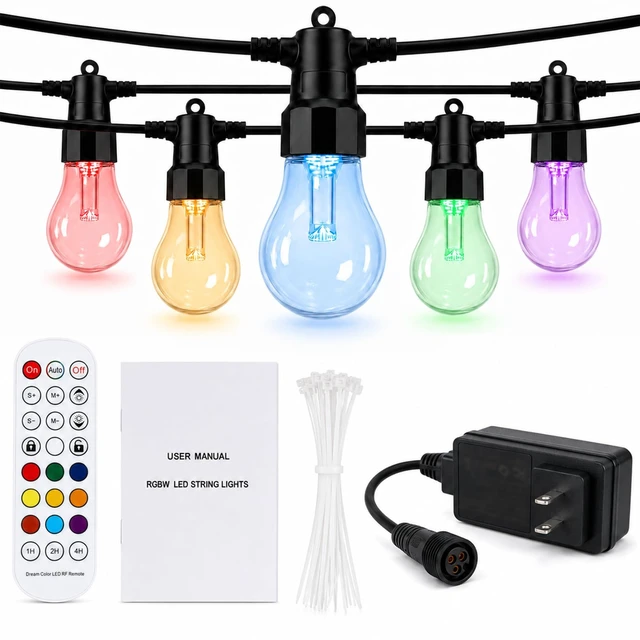 Main image of Xirtneduav Outdoor String Lights 50FT, Smart RGBW IC Color Changing Patio Lights with 20 Dimmable LED Bulbs, App & RF Remote, IP65 Waterproof Shatterproof
