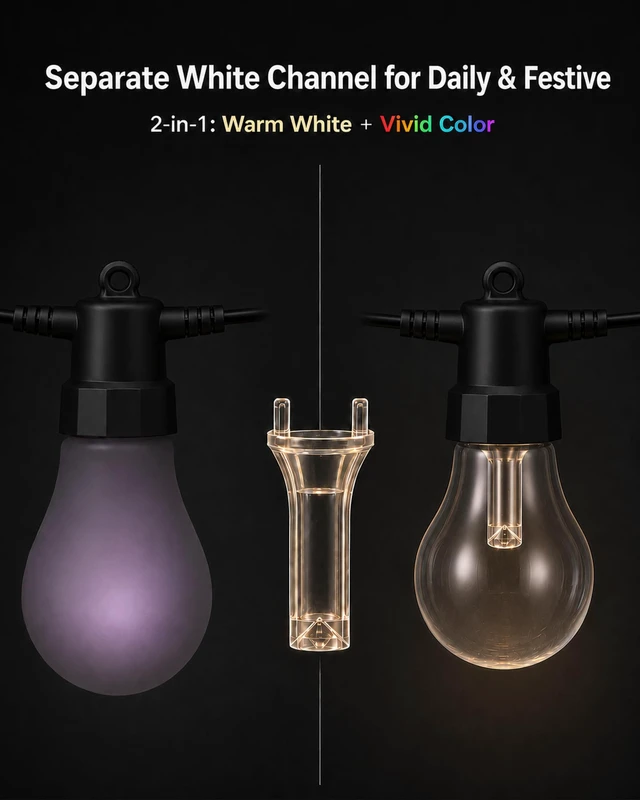 Alt view image 3 of 7 - Xirtneduav Outdoor String Lights 50FT, Smart RGBW IC Color Changing Patio Lights with 20 Dimmable LED Bulbs, App & RF Remote, IP65 Waterproof Shatterproof
