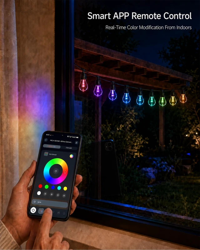 Alt view image 5 of 7 - Xirtneduav Outdoor String Lights 50FT, Smart RGBW IC Color Changing Patio Lights with 20 Dimmable LED Bulbs, App & RF Remote, IP65 Waterproof Shatterproof