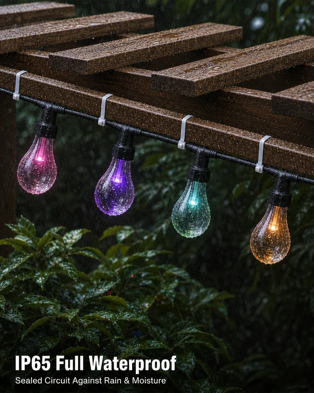 Alt view image 4 of 7 - Xirtneduav Outdoor String Lights 50FT, Smart RGBW IC Color Changing Patio Lights with 20 Dimmable LED Bulbs, App & RF Remote, IP65 Waterproof Shatterproof