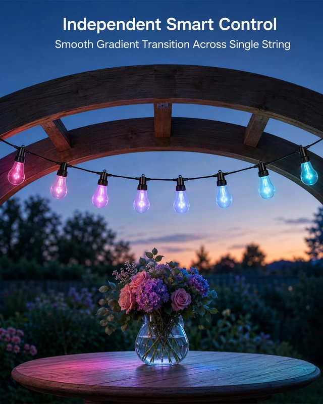 Alt view image 7 of 7 - Xirtneduav Outdoor String Lights 50FT, Smart RGBW IC Color Changing Patio Lights with 20 Dimmable LED Bulbs, App & RF Remote, IP65 Waterproof Shatterproof