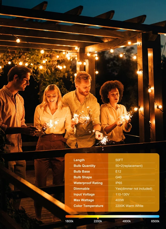 Alt view image 2 of 7 - Outdoor String Lights, 50FT 52 LED Bulbs Connectable Patio Lights (2 Spare) | G40 Outside Vintage Hanging Light for Backyard Bistro Balcony Porch Christmas Party Wedding, E12, 2200K, Black