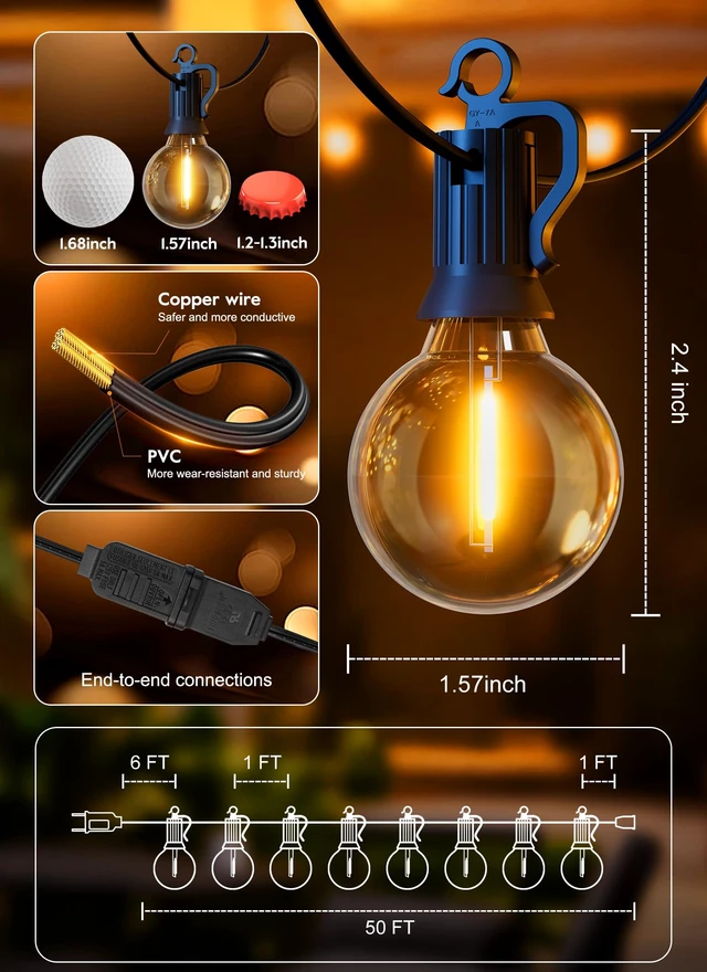 Alt view image 6 of 7 - Outdoor String Lights, 50FT 52 LED Bulbs Connectable Patio Lights (2 Spare) | G40 Outside Vintage Hanging Light for Backyard Bistro Balcony Porch Christmas Party Wedding, E12, 2200K, Black