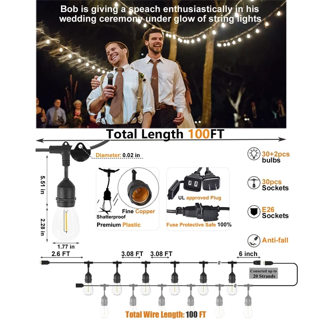 Alt view image 2 of 6 - Meidaoduo Outdoor String Lights LED 100FT Heavy-Duty Patio Lights String with 32 Dimmable Shatterproof Plastic Bulbs for Gazebo Pergola Bistro Lights Linkable
