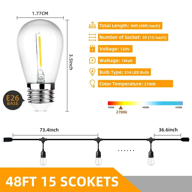 Alt view image 5 of 7 - Outdoor String Lights 96FT(48×2), Commercial Grade Heavy Duty Patio Lights | Dimmable S14 Shatterproof LED Bulbs, Linkable Waterproof Bistro Lights for Outside Deck Backyard Cafe Market