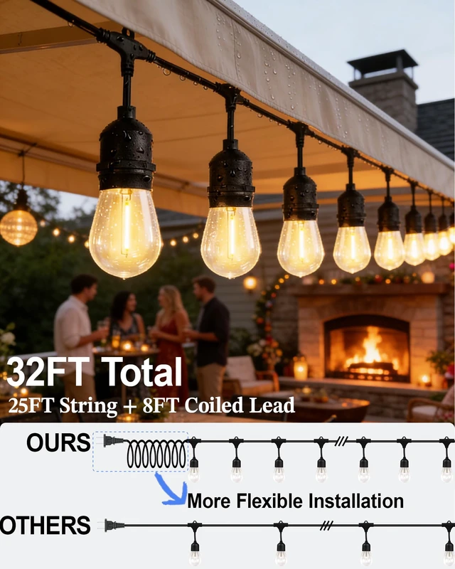 Alt view image 3 of 7 - Gmnee 25FT Outdoor String Lights for Patio, Balcony & Porch, Backyard | 16 LED Edison Bulbs, 1.6FT Spacing, Heavy-Duty Patio Lights for Gazebo, Bistro, Party and Garden Decor (Plug in)