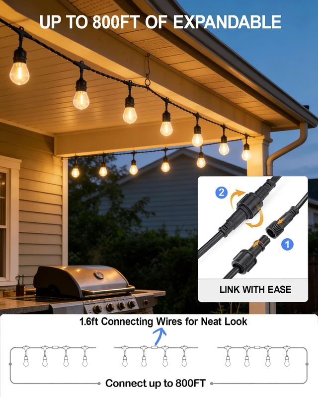 Alt view image 4 of 7 - Gmnee 25FT Outdoor String Lights for Patio, Balcony & Porch, Backyard | 16 LED Edison Bulbs, 1.6FT Spacing, Heavy-Duty Patio Lights for Gazebo, Bistro, Party and Garden Decor (Plug in)