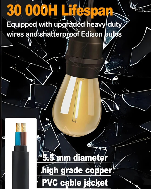 Alt view image 7 of 7 - Gmnee 25FT Outdoor String Lights for Patio, Balcony & Porch, Backyard | 16 LED Edison Bulbs, 1.6FT Spacing, Heavy-Duty Patio Lights for Gazebo, Bistro, Party and Garden Decor (Plug in)