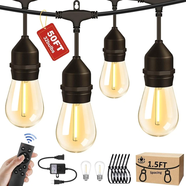 Main image of 50FT Outdoor String Lights 32Bulbs (1.5FT Bulbs Spacing),120W Dimmer Remote | Patio Lights with IP65 Waterproof, Dimmable & Timing & 3 Mode, Connectable, Zipper Ties for Outside Commercial Backyard
