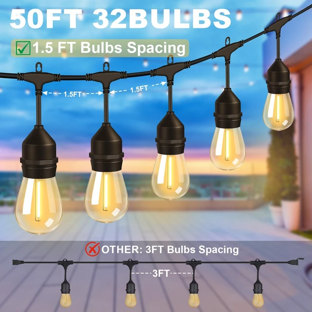 Alt view image 2 of 7 - 50FT Outdoor String Lights 32Bulbs (1.5FT Bulbs Spacing),120W Dimmer Remote | Patio Lights with IP65 Waterproof, Dimmable & Timing & 3 Mode, Connectable, Zipper Ties for Outside Commercial Backyard
