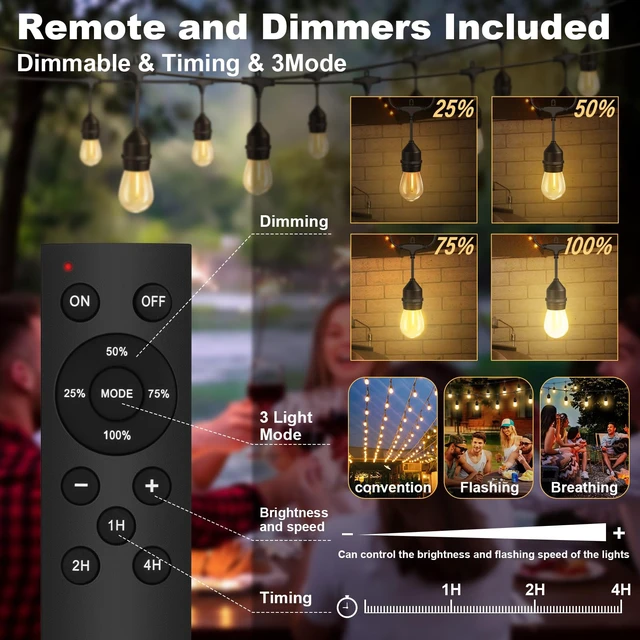 Alt view image 3 of 7 - 50FT Outdoor String Lights 32Bulbs (1.5FT Bulbs Spacing),120W Dimmer Remote | Patio Lights with IP65 Waterproof, Dimmable & Timing & 3 Mode, Connectable, Zipper Ties for Outside Commercial Backyard