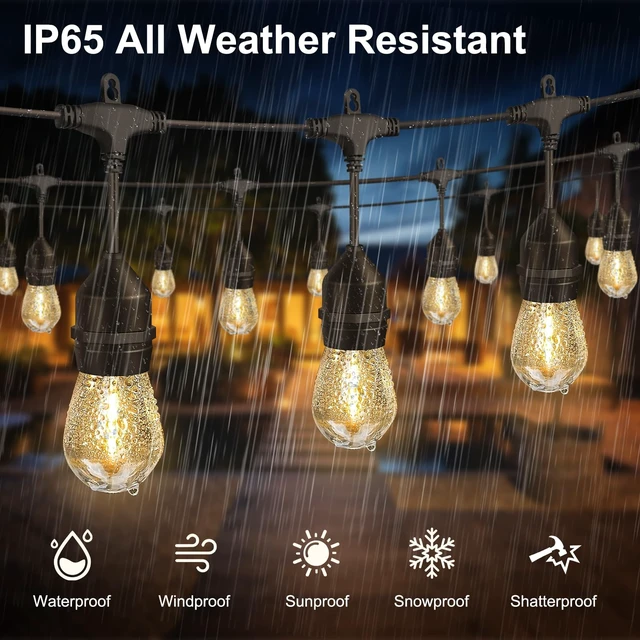 Alt view image 4 of 7 - 50FT Outdoor String Lights 32Bulbs (1.5FT Bulbs Spacing),120W Dimmer Remote | Patio Lights with IP65 Waterproof, Dimmable & Timing & 3 Mode, Connectable, Zipper Ties for Outside Commercial Backyard
